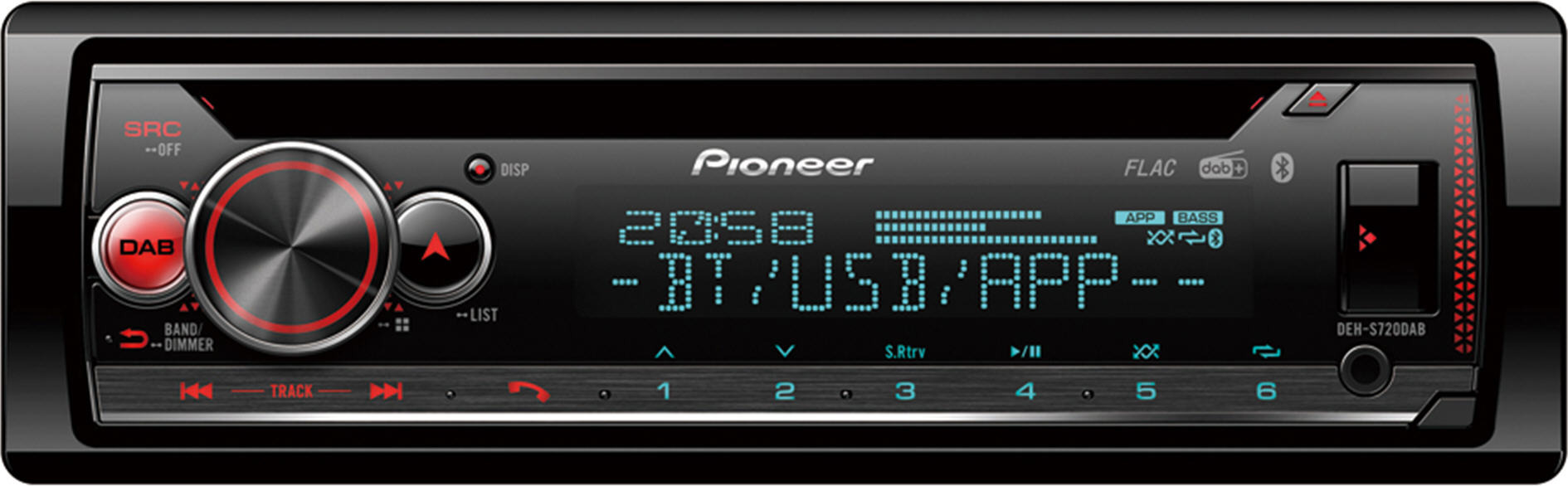 Pioneer CD/MP3/WMA/WAV/FLAC/AAC/USB/AUX/BT/DAB fejegység DEH-S720DAB